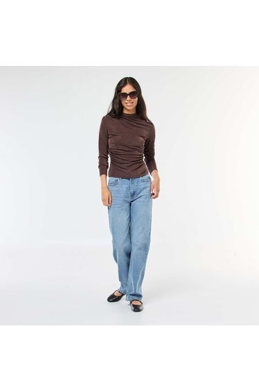 High Neck Fluid Knit T-shirt BROWN