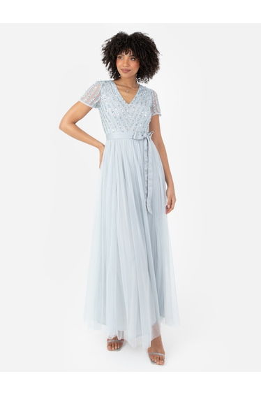 Maya Pale Blue Stripe Embellished Maxi Dress With Sash Belt