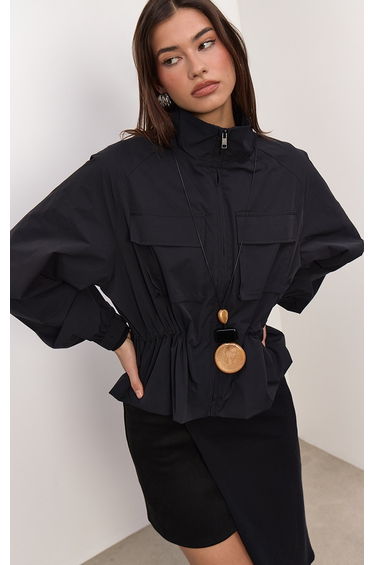 Black Cinch Waist Pocket Detail Rain Coat