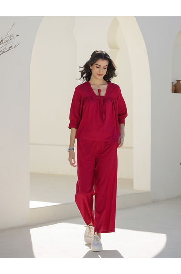 Solid Square Neck Cotton Top and Trouser Co-Ords