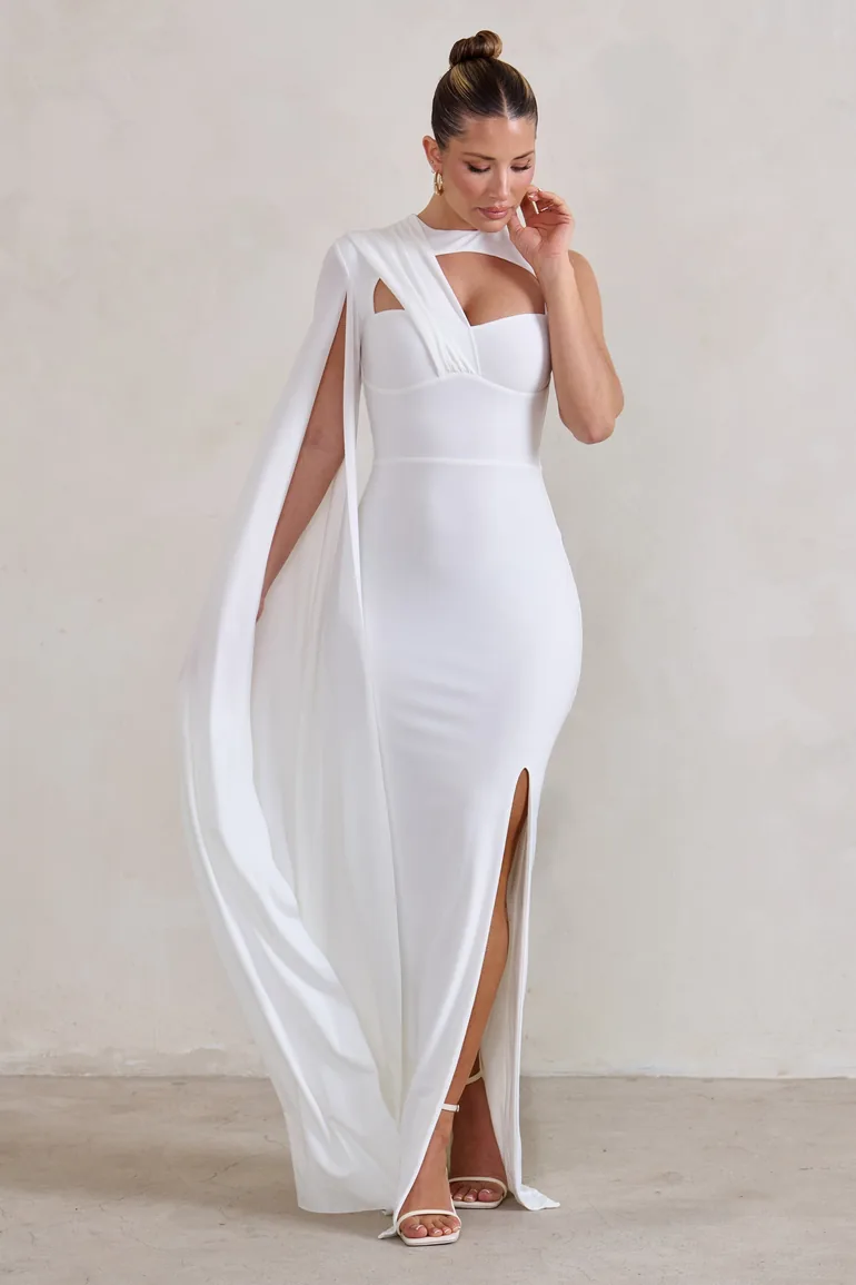 Emmey | White Asymmetric Cut Out Maxi Dress With Statement Cape