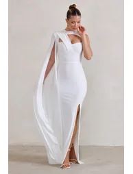 Emmey | White Asymmetric Cut Out Maxi Dress With Statement Cape