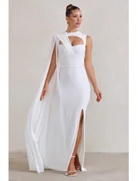 Emmey | White Asymmetric Cut Out Maxi Dress With Statement Cape - 4