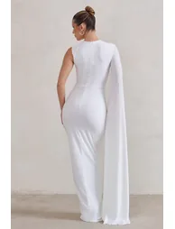 Emmey | White Asymmetric Cut Out Maxi Dress With Statement Cape - 2