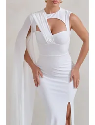 Emmey | White Asymmetric Cut Out Maxi Dress With Statement Cape - 3