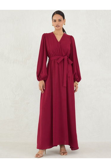Maroon Balloon Sleeve A-Line Maxi Dress