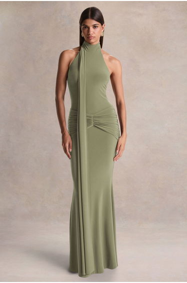 Hyla | Green High-Neck Maxi Dress With Sash-Detail