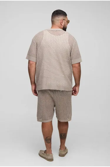 Plus Oversized Boxy Open Crochet Shirt & Short Set