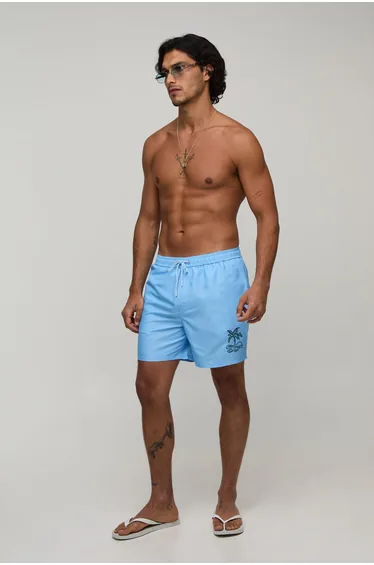 Palm Embroidered Mid Length Swim Short - light blue