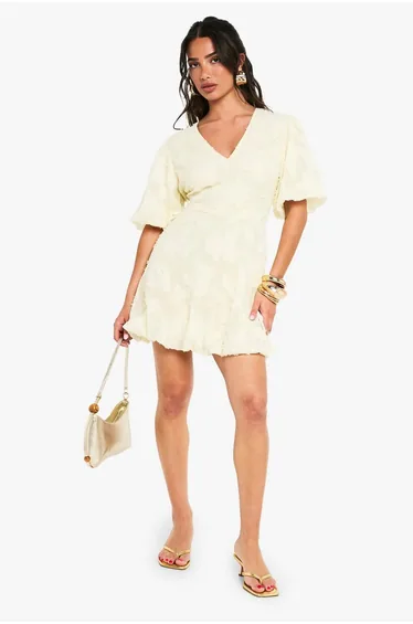 Petite Floral Burnout Plunge Puffball Mini Dress - lemon