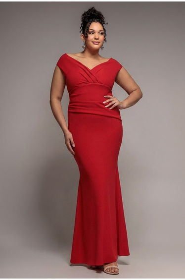 Goddiva Plus Bardot Pleated Maxi Dress - Red