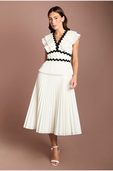Pleated Cotton Detail Ruffle Shoulder Midi Dress