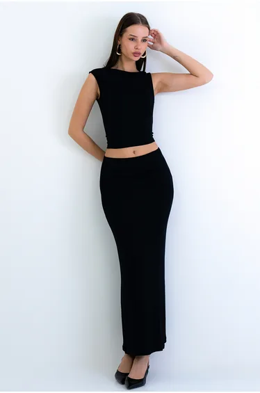 Women's Black Crew Neck Strappy Knitted Blouse and Slit Pencil Skirt Set