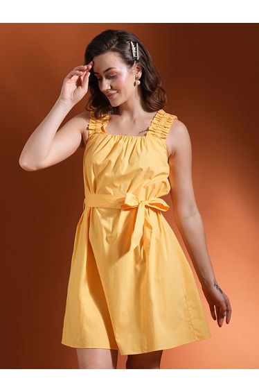 Women Yellow Solid Square Neck Belted Mini A-Line Dress with Ruched Detail