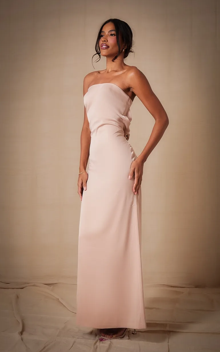 Champagne Bridesmaid Satin Cowl Neck Maxi Dress - 2