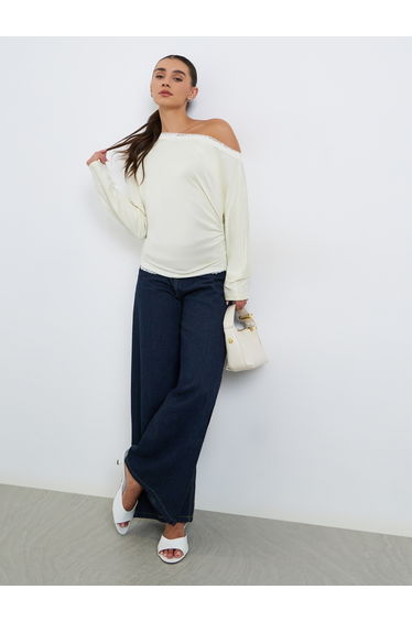 Women Lace Trim Asymmetric Neck T-Shirt