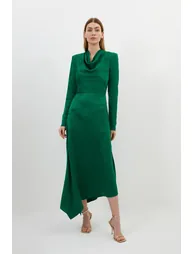 Tall Premium Jacquard Cowl Long Sleeve Woven Midi Dress