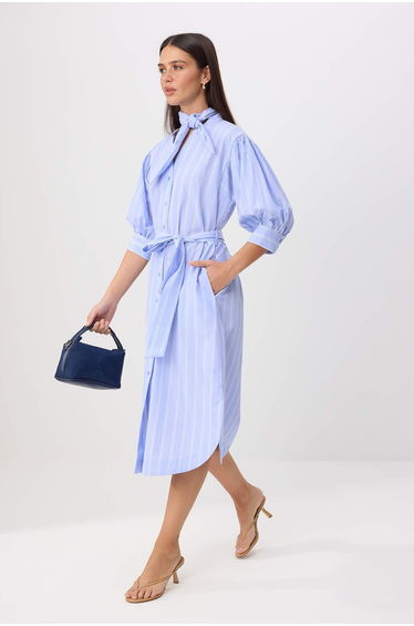 Blue Striped Scarf Detailed Maxi Woven Shirt Dress