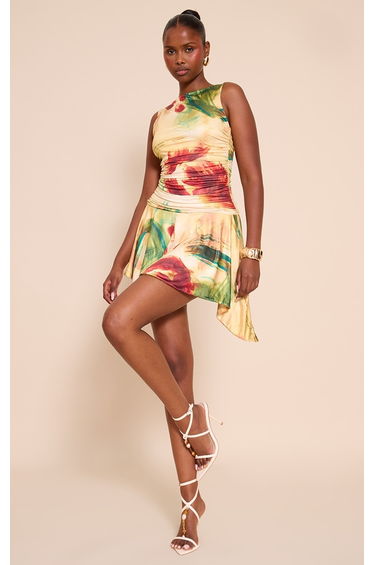 Cream Abstract Print Double Layer Slinky Ruched Drop Hem Mini Dress
