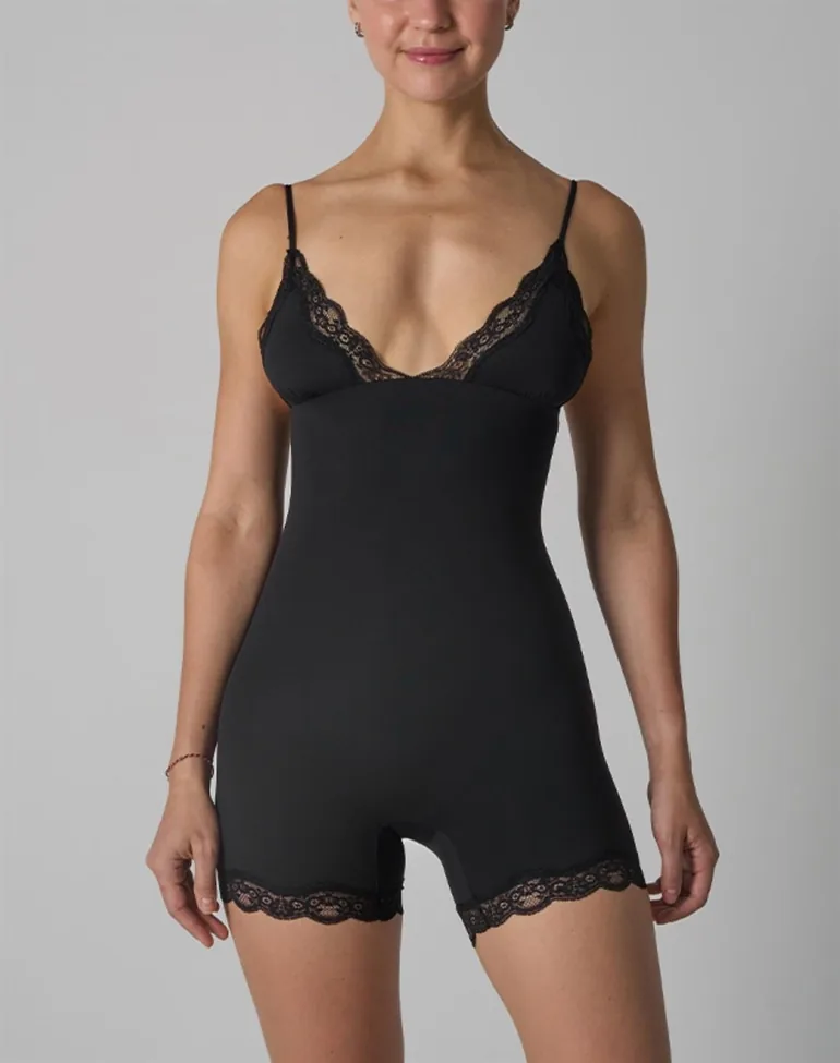 Agon Black Lace-Trimmed Deep-V Playsuit - 2