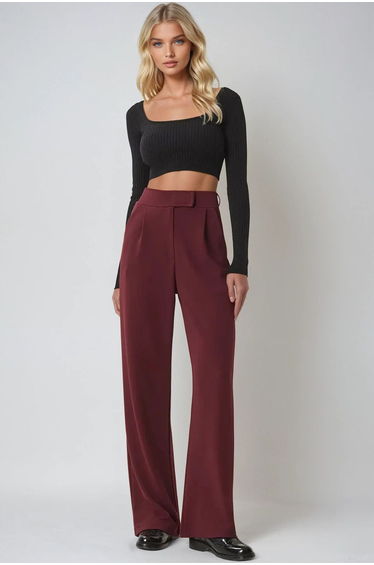 Women's Burgundy High Waist Double Pocket Pleated Velcro Palazzo Pants