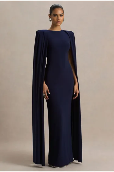 فستان ماكسي بأكمام كاب بياقة عالية - كحلي