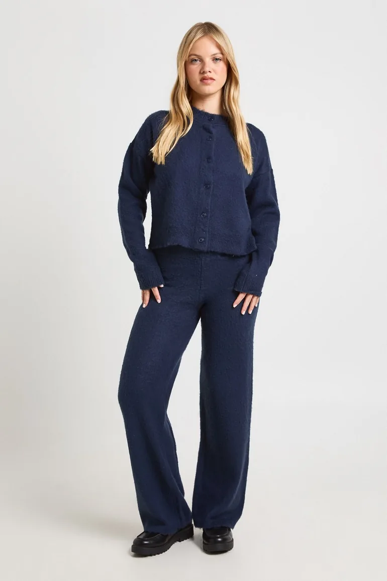 Petite Soft Knit Button Through Cardigan and Wide Leg Trouser Co-Ord - navy