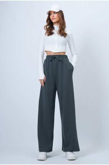 Women's Khaki High Waist Front piped Thick Palazzo Pants