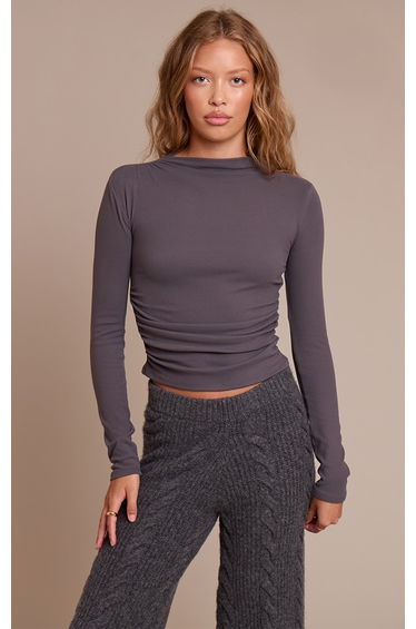 Charcoal Ultra Soft High Neck Ruched Side Long Sleeve Top