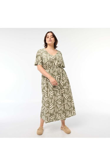 Patterned V-neck midaxi dress KHAKI