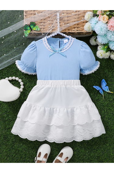 Girls Puff Sleeve Top and Ruffle Skirt Set