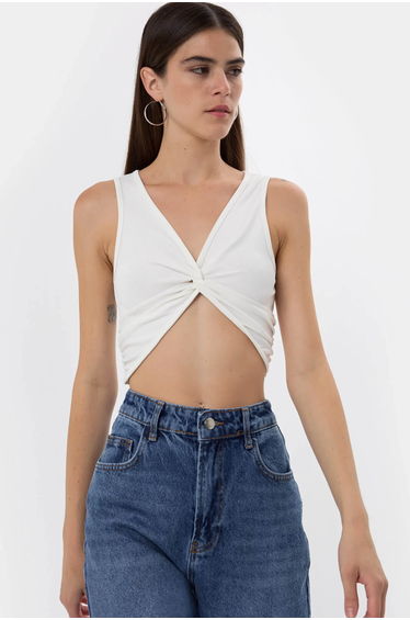 Solid Rib Twist Front Crop Top