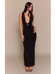 Black Double Layer Slinky Open Back Drape Maxi Dress - 2