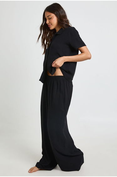 Linen Look Beach Wide Leg Trousers - black