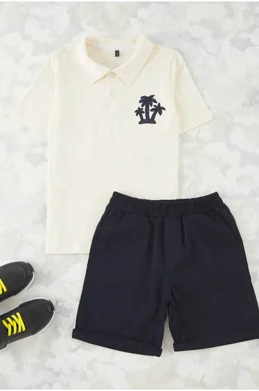 Beige Boy 100% Cotton Embroidered Polo Collar Short Sleeve Knitted Top-Bottom Set