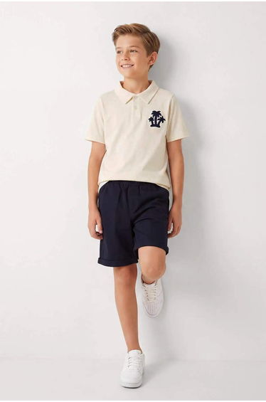 Beige Boy 100% Cotton Embroidered Polo Collar Short Sleeve Knitted Top-Bottom Set