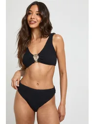 Trim Centre Scoop Neck Bikini Top & High Waist Bikini Bottoms - black - 1