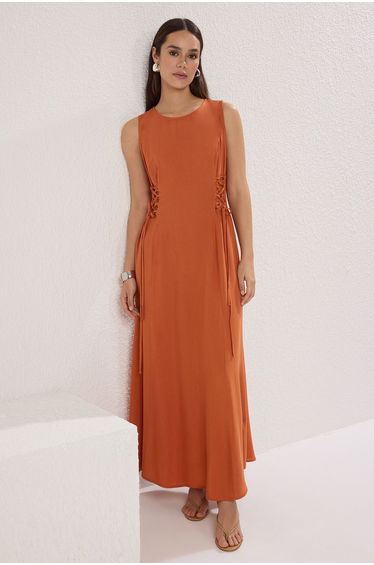 Brown Straight A Cut Eyelet Detail Maxi Woven Dress