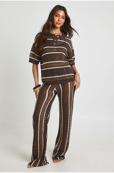 Stripe Crochet Button Down Shirt and Wide Leg Trouser Co-Ord - chocolate