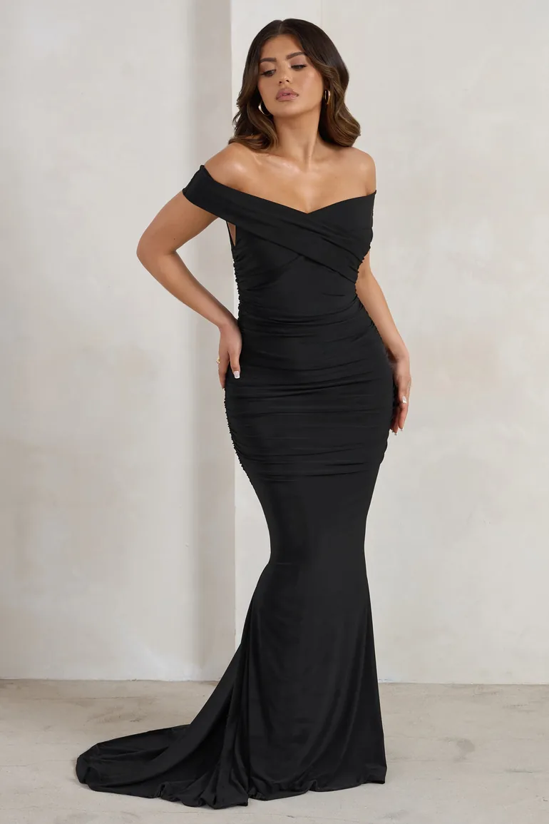 Apolline | Black Off The Shoulder Ruched Fishtail Maxi Dress - 2