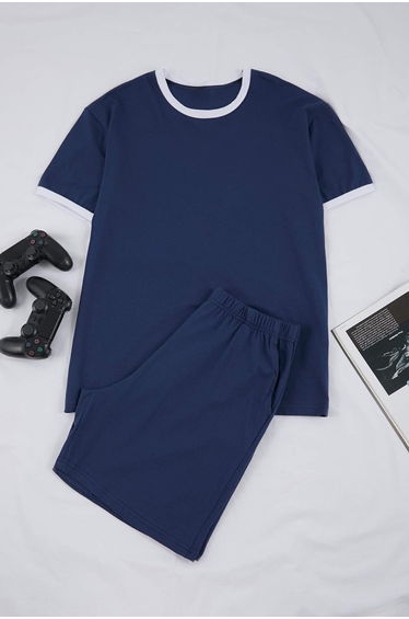 Indigo Regular Fit Collar and Sleeve Contrast Detailed Pajama Set