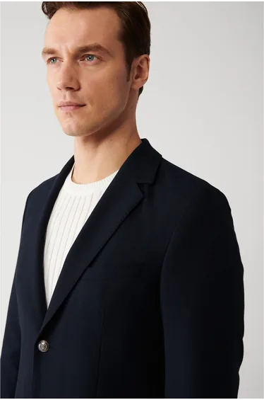 Men's Navy Blue Flap Pocket Lined Double Slit Blazer