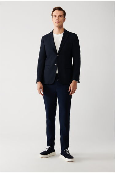 Men's Navy Blue Flap Pocket Lined Double Slit Blazer