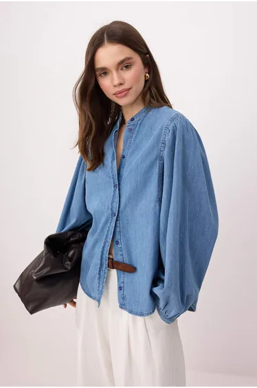 Blue Judge Collar Balloon Sleeve Denim Shirt