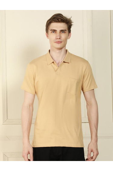 Men Cream Cotton Regular Fit Polo Shirt