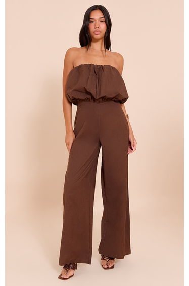 Dark Chocolate Cotton Puffball Bandeau Straight Leg Jumpsuit
