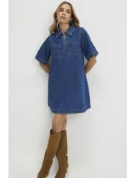 Blue Denim Zip Front Mini Shirt Dress