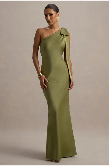 فستان ماكسي ساتان بفيونكة لون أخضر