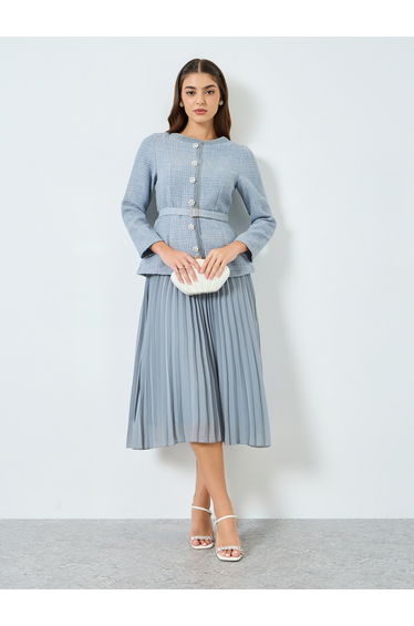 Women Blue Tweed Midi Dress with Belt