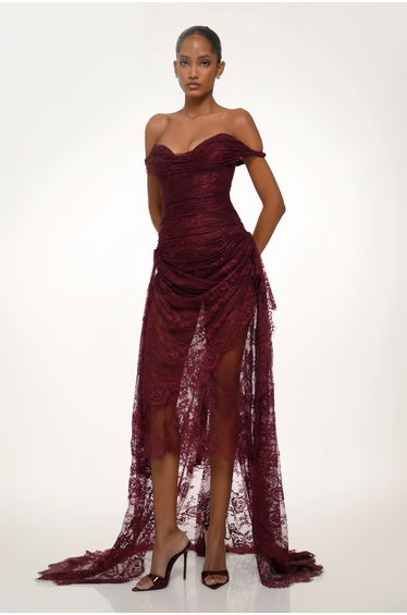 Eline Burgundy Ruched Floral Lace Gown